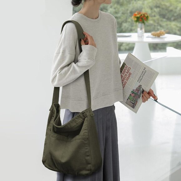 Canvas Tote Bag for Women, Large Crossbody Hobo Bag Casual Shoulder Bag Shopping - Picture 6 of 7